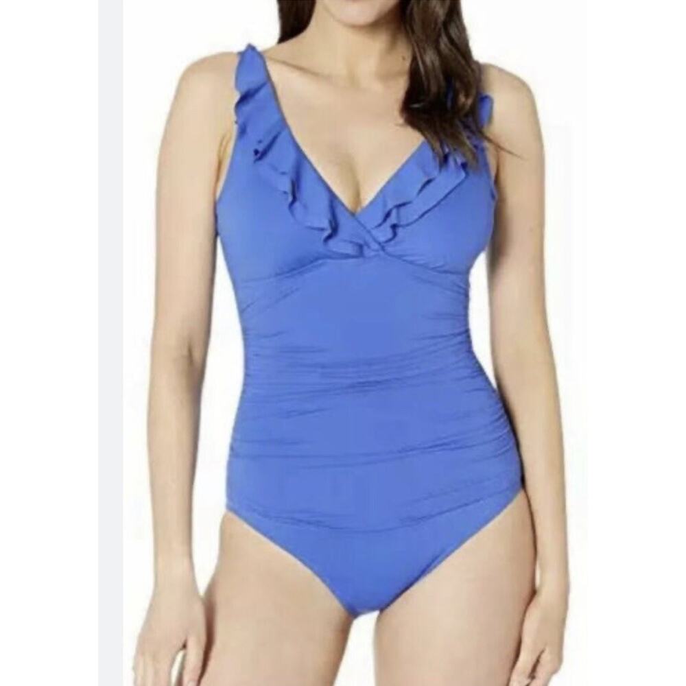 Ralph Lauren L61360 Women's Blue Beach Club Ruffle Mio One-Piece Size 6